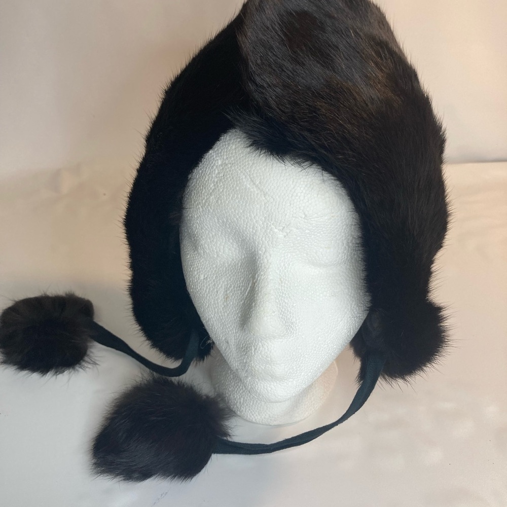 Russian Ushanka Real Fur Hat Vintage Black Womens Pom Pom Hat Nwt